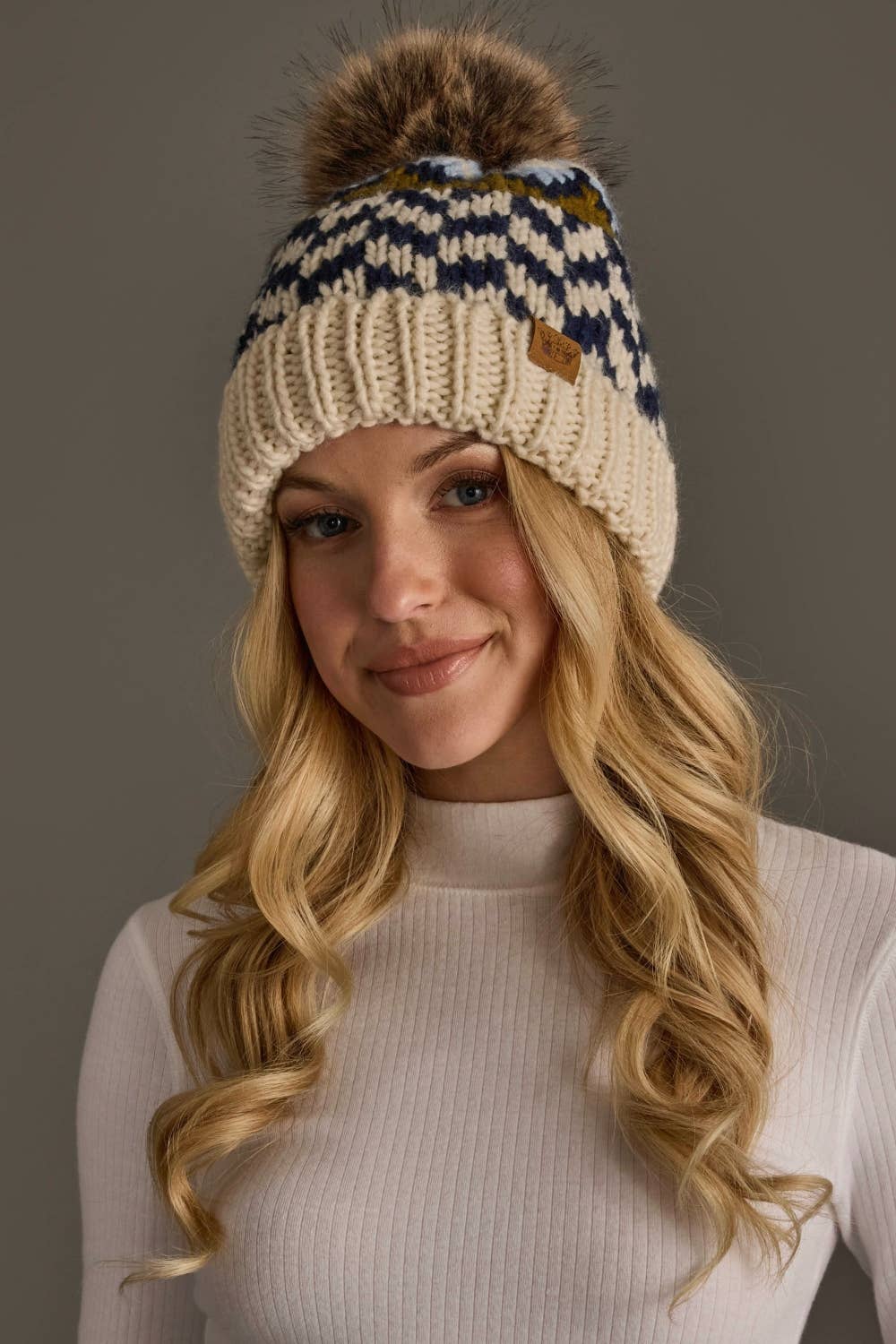 Beige, Navy + Lt. Blue Patterned Pom Hat