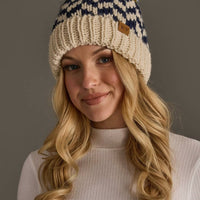 Beige, Navy + Lt. Blue Patterned Pom Hat
