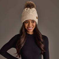 Beige Cable Knit Pom Hat