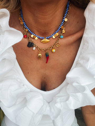 Multi charm summer necklace and blue beaded necklace