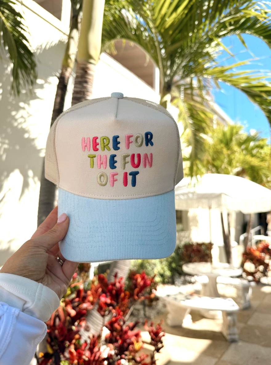 Here for the Fun of it - Baby Blue Corduroy Trucker Hat