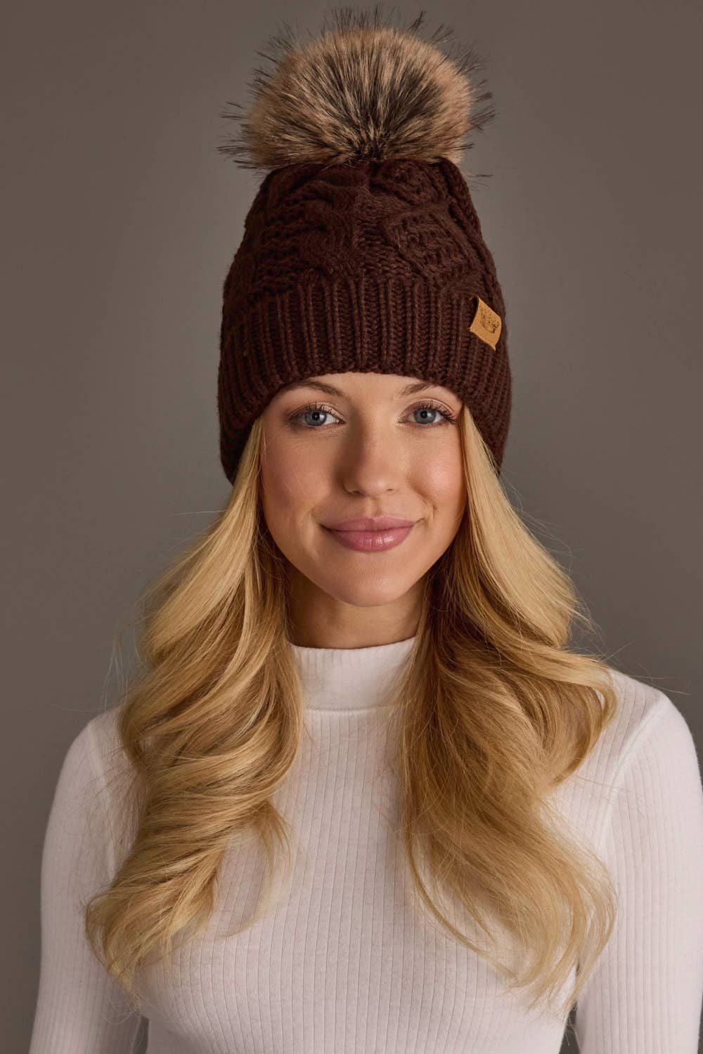 Dk. Brown Cable Knit Pom Hat