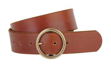 Wide Brass-Toned Ring Buckle Leather Belt