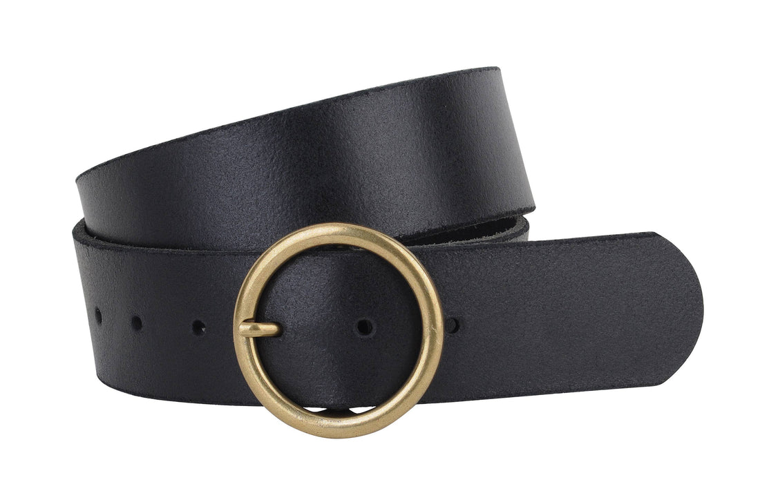 Wide Brass-Toned Ring Buckle Leather Belt – Emma + James